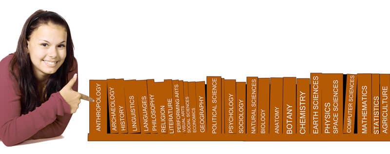 Photo of a library depicting multiple educational subjects and topics