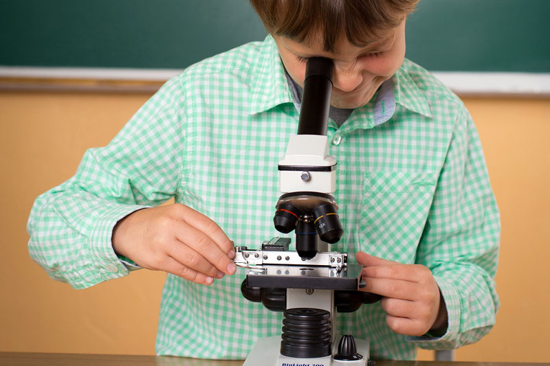 Photo of school boy studying a slide under a microscope